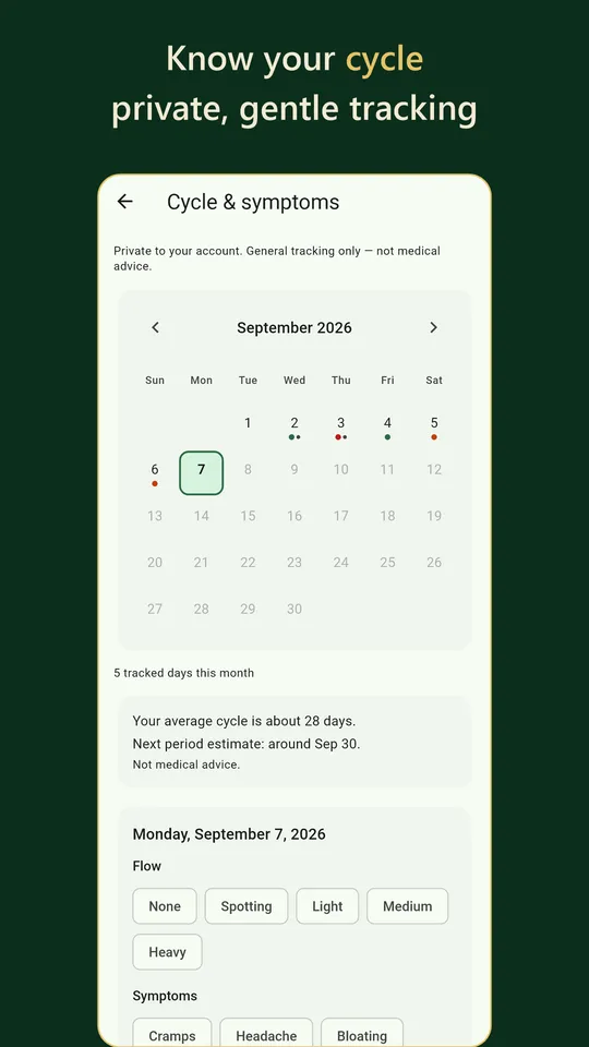 Vida Sana cycle tracker: a private calendar of periods and symptoms.