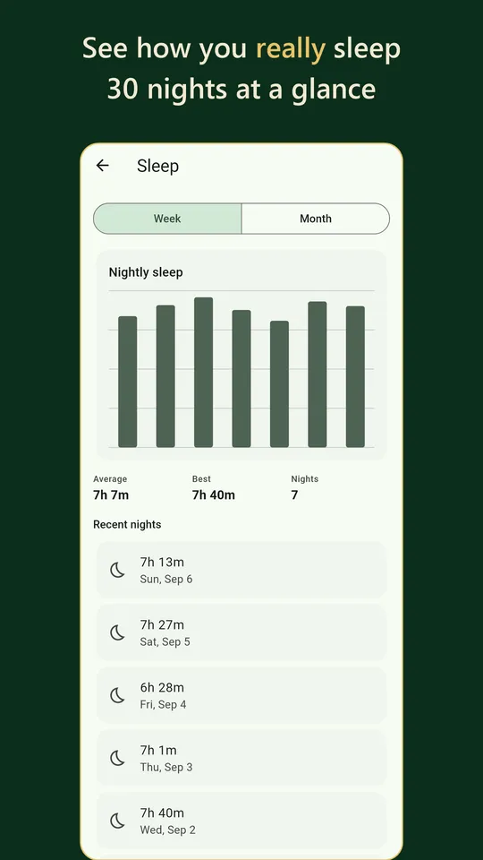 Vida Sana sleep tracker showing nightly sleep synced from Health Connect.