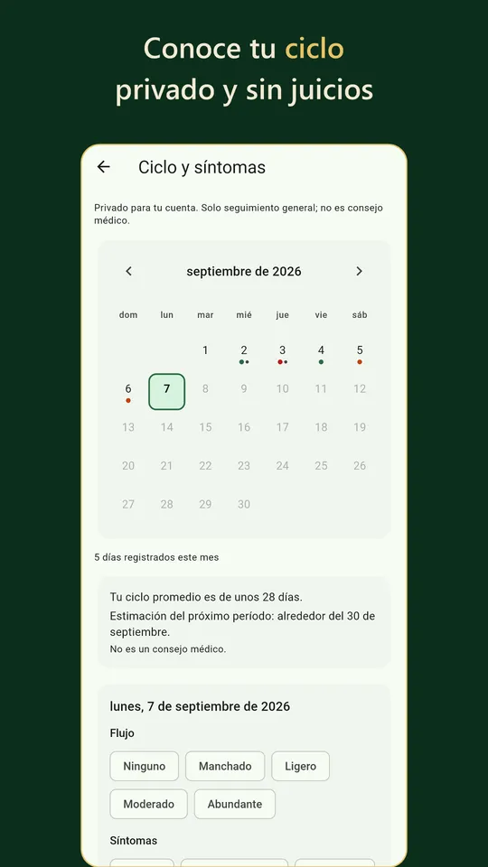 Seguimiento del ciclo de Vida Sana: un calendario privado de menstruación y síntomas.