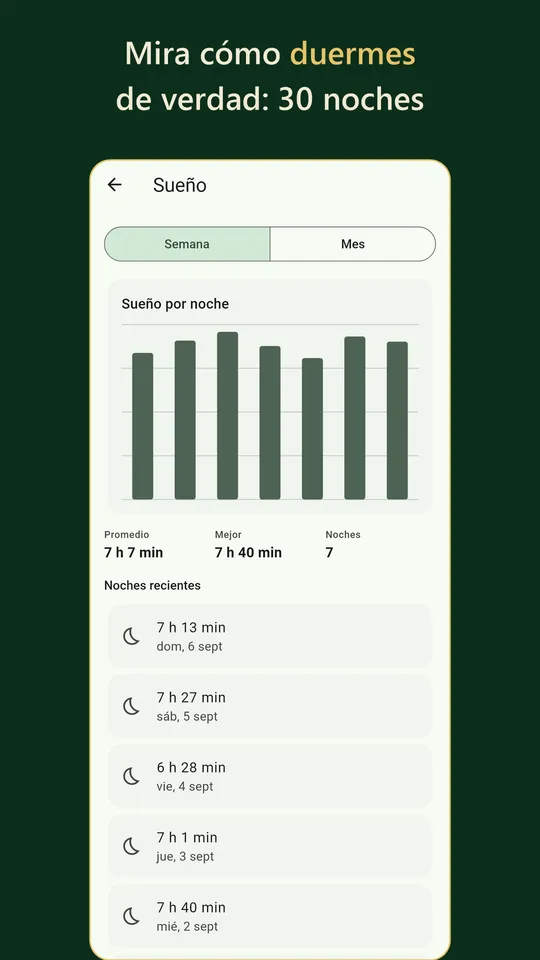 Monitor de sueño de Vida Sana con el sueño de cada noche sincronizado desde Health Connect.